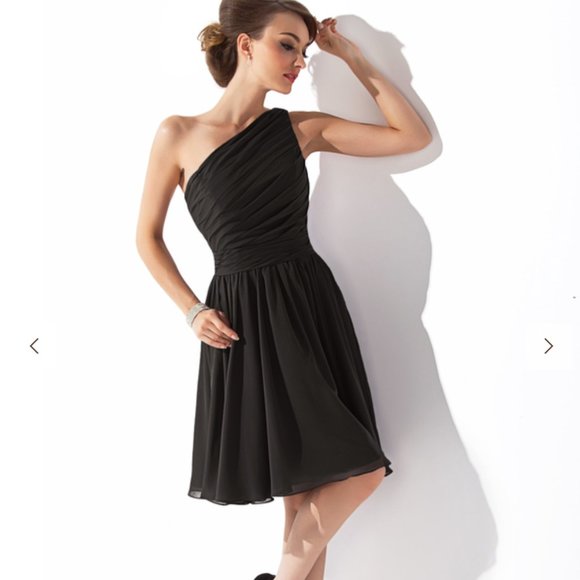 NWOT - JJ's House Chiffon One-shoulder Knee-length Black Dress Size 14 - Picture 4 of 8